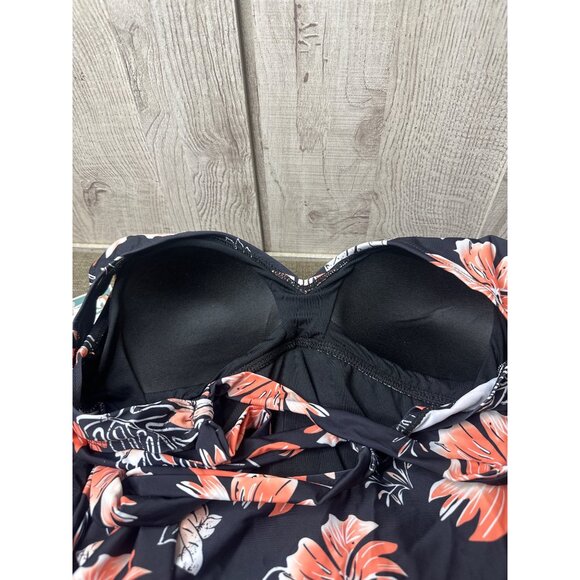 Womens Large Floral Tankini Swimsuit 2 pc Set With Boyshorts Black & Coral - Picture 4 of 9